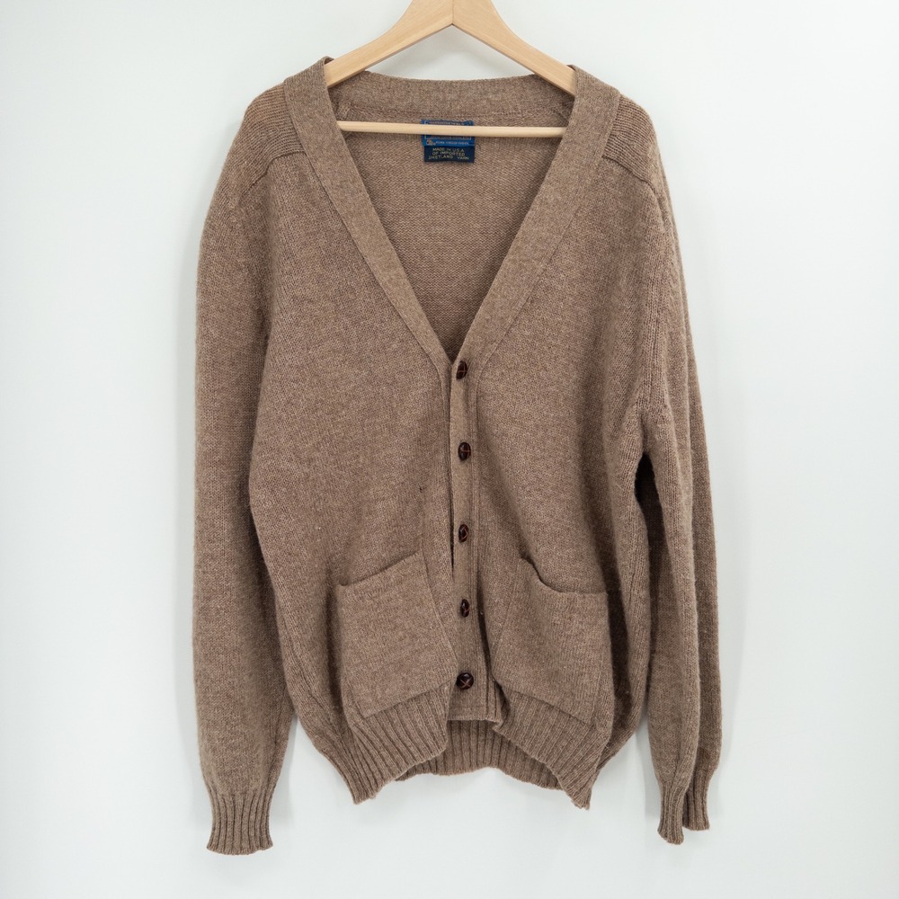 Vintage Pendleton Cardigan Sweater Mens XL Brown Wool Shetland Knit Preppy